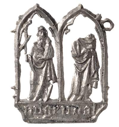Insigne met een mannelijke heilige en Maria met Kind onder een gotische arcade, opschrift: Hilgendal 